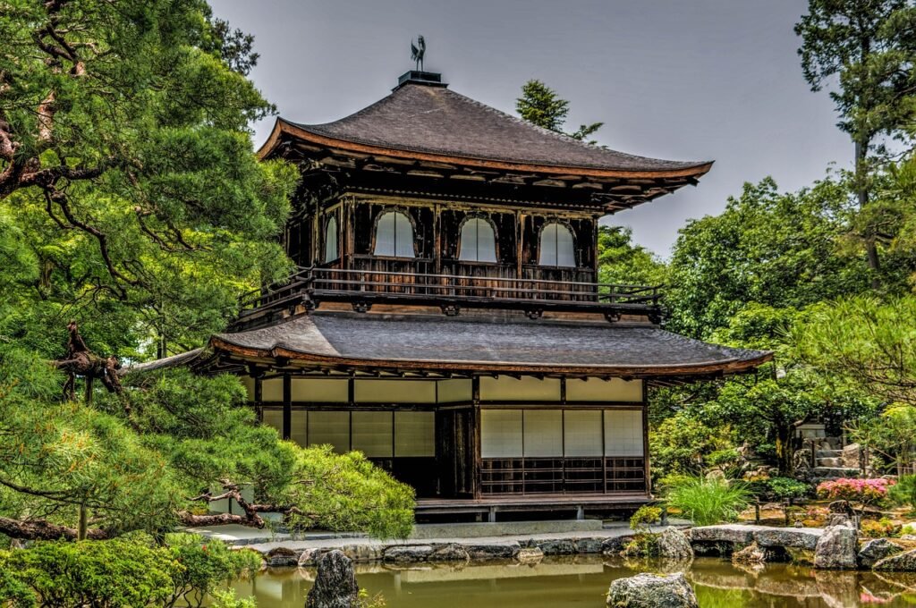 ginkaku-ji, temple, kyoto, japan, asia, garden, traditional, architecture, travel, leaves, buddhist, nature, landmark, pond, park, famous, peaceful