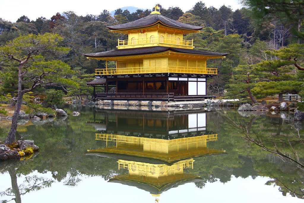 Templo Kinkaku-ji com reflexo dourado no lago cercado por árvores verdes