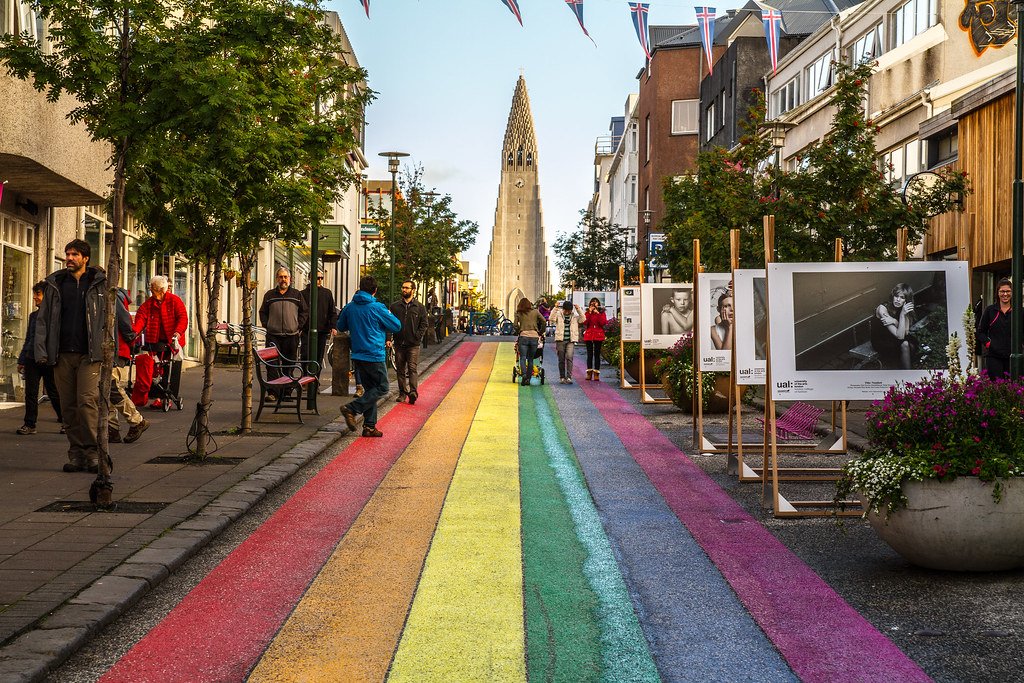 Rainbow Street with people walking on the street